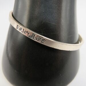 Enjoy Life Engraved Silver Tone Inspirational Cuff Bracelet Minimalist Jewelry